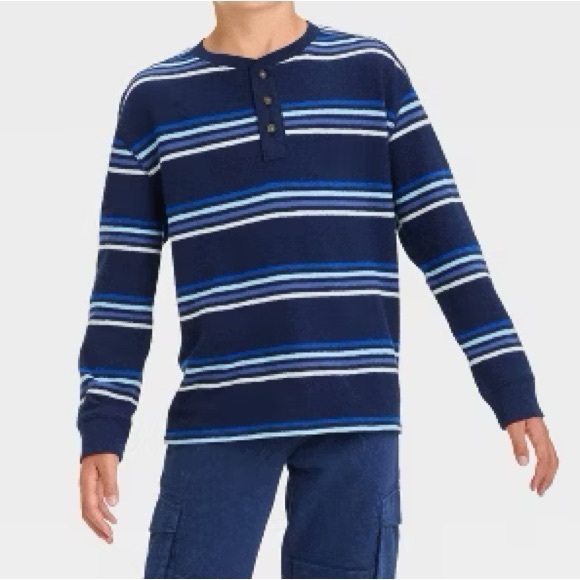 Cat & Jack Other - Cat & Jack Boys' Long Sleeve Relaxed Fit Striped Henley Shirt - Navy Blue S